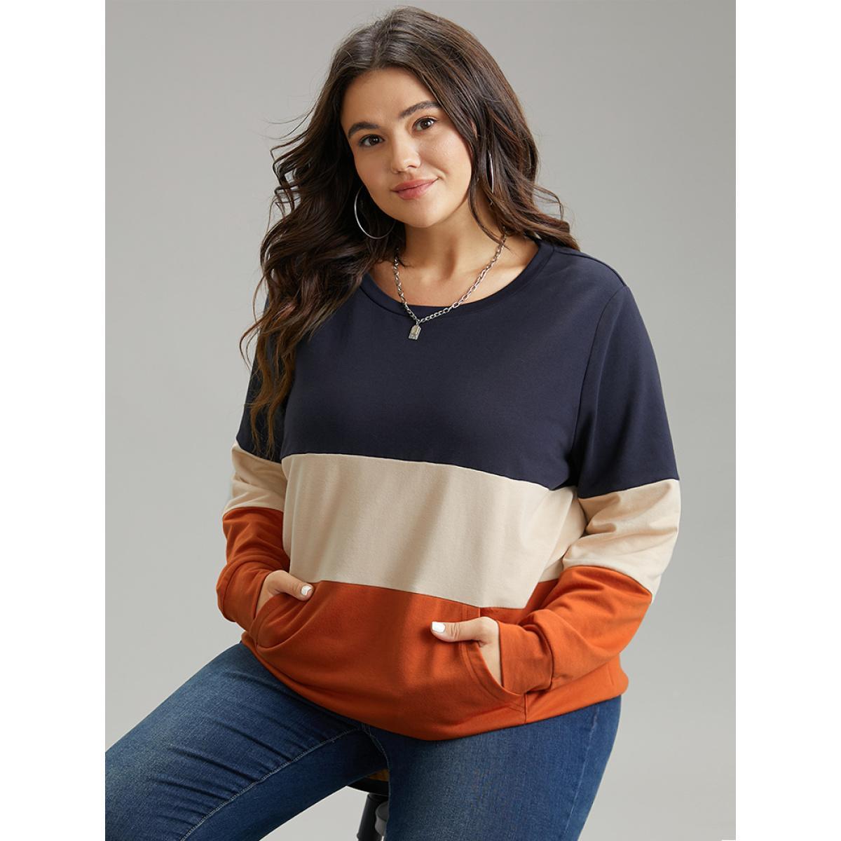 Plus Size Colorblock Contrast Crew Neck Kangaroo Pocket Sweatshirt Women Multicolor Casual Contrast Round Neck Dailywear Sweatshirts BloomChic 22-24/3X Product Image
