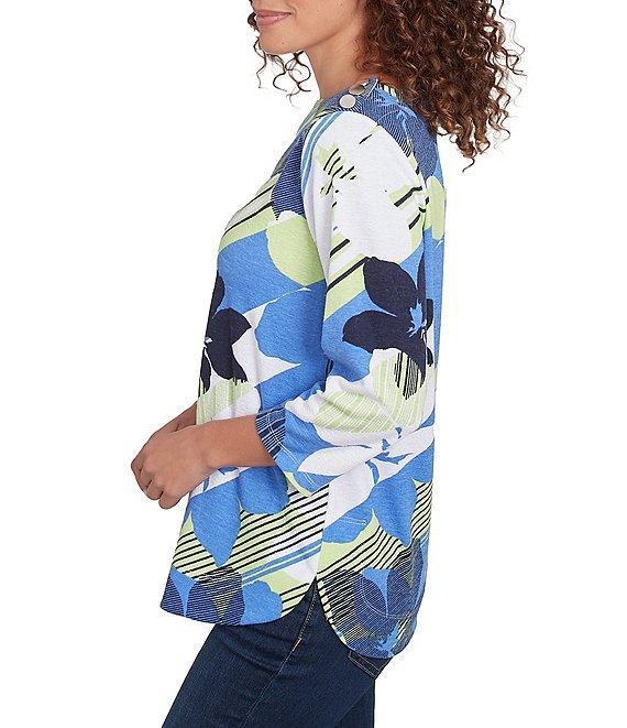 Ruby Rd. Stripe Floral Boat Neck 3/4 Sleeve Knit Top Product Image