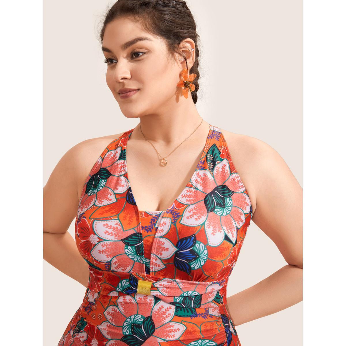 Plus Size Floral Ruched Crisscross Buckle Detail One Piece Swimsuit Women's Swimwear Multicolor Beach Gathered Curve Bathing Suits High stretch One Pieces BloomChic 12/L Product Image