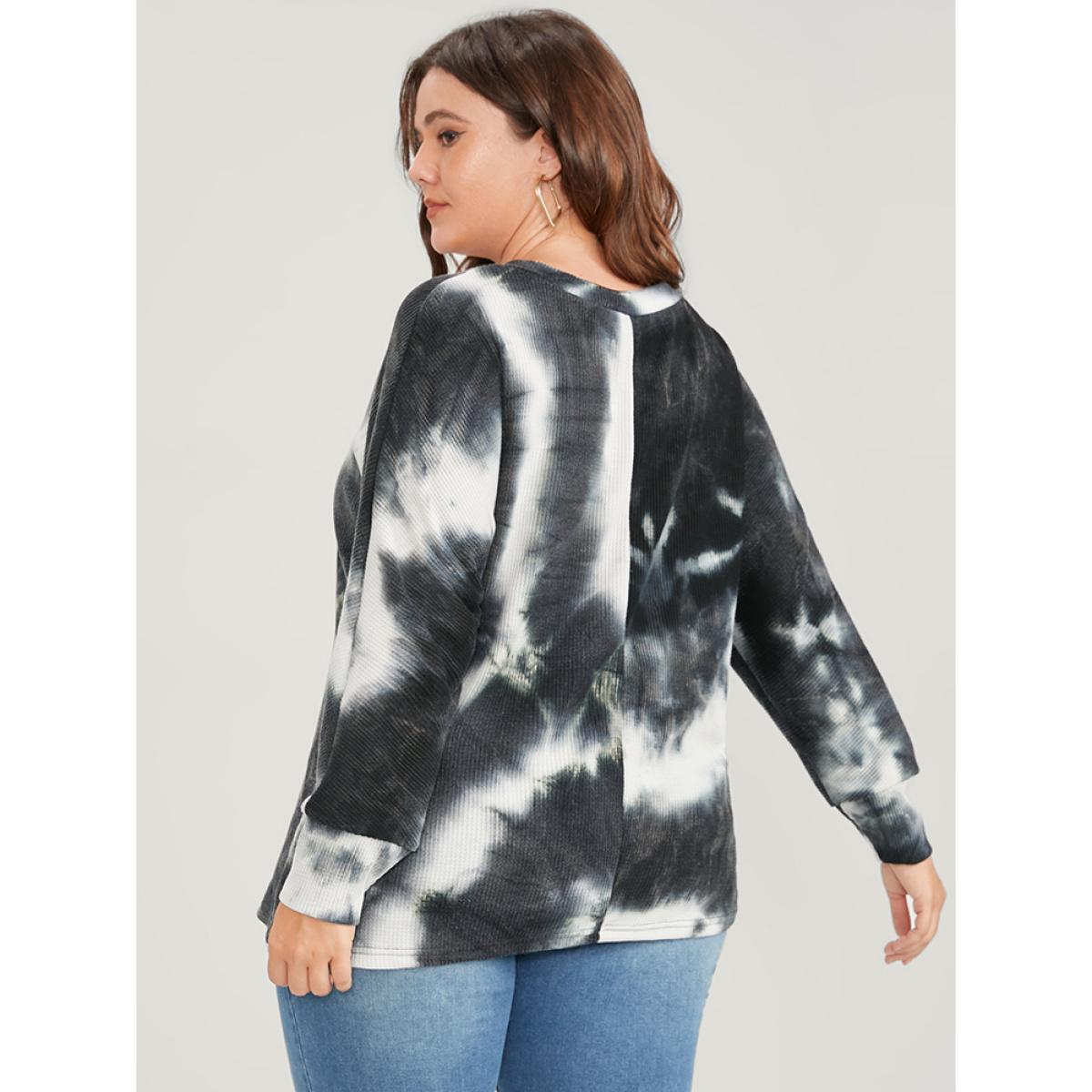 Plus Size Tie Dye Dolman Sleeve Waffle Knit Drop Shoulder Sweatshirt Women Black Casual Tie Dye Loose V-neck Dailywear Sweatshirts BloomChic 28/5X Product Image
