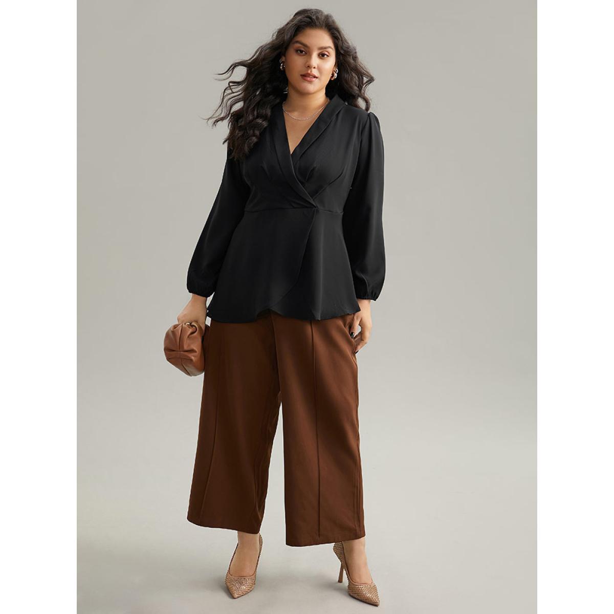 Plus Size Black Static-Free Plain Pleated Wrap Blouse Women Office Long Sleeve V-neck Dailywear Blouses BloomChic 22-24/3X Product Image