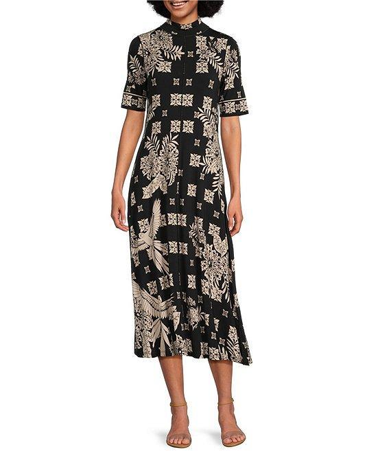 JOHNNY WAS The Janie Favorite Short Sleeve Seamed Mock Neck Printed Dress Product Image