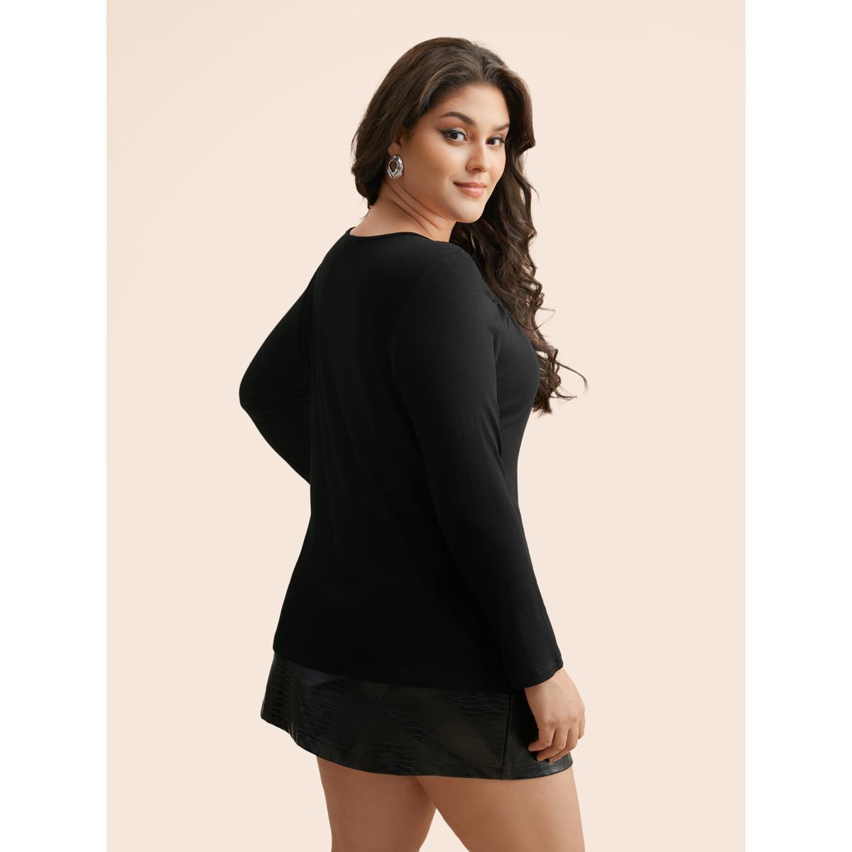 Plus Size Rib Knit Asymmetrical Neck Cut Out T-shirt Black Women Elegant Texture Asymmetrical Neck Skinny Everyday T-shirts BloomChic 28/5X Product Image