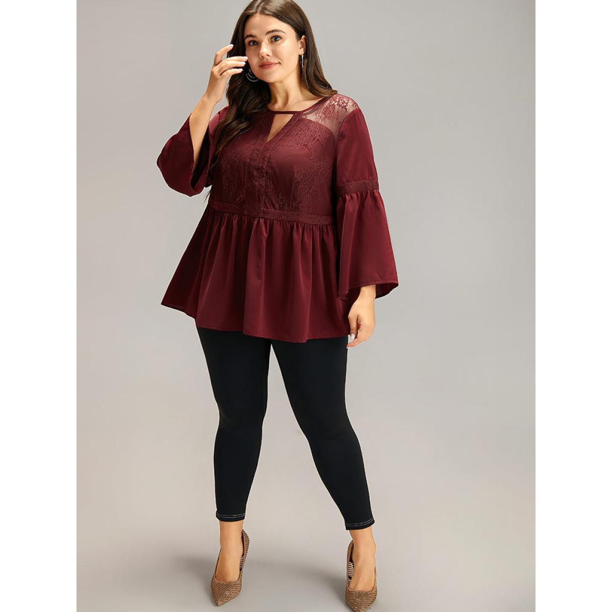 Plus Size Burgundy Anti-Wrinkle Keyhole Crochet Lace Mesh Ruffles Blouse Women Elegant Long Sleeve Keyhole Cut-Out Dailywear Blouses BloomChic 30/6X Product Image