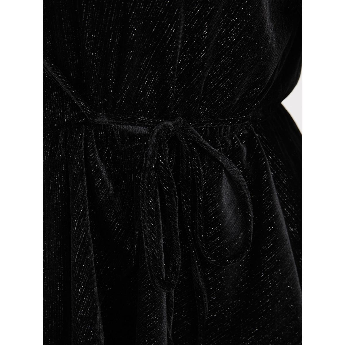 Plus Size Black Solid Shirred Lantern Sleeve Ties Up Velvet Wrap Blouse Women Party Long Sleeve V-neck Going out Blouses BloomChic 26/4X Product Image