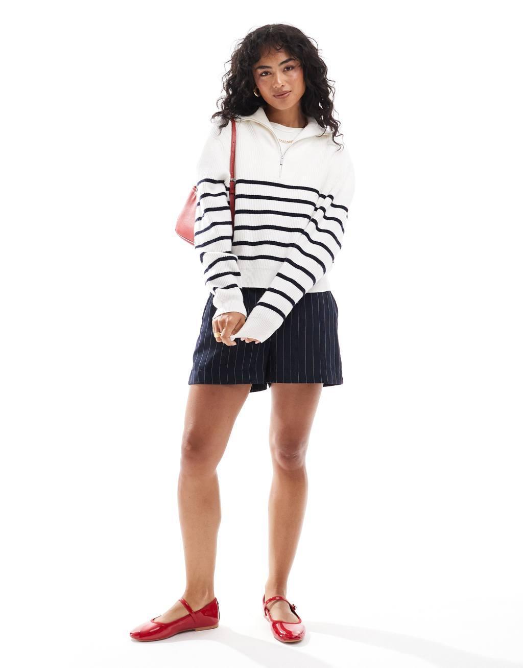 Mango half zip striped sweater in white  Product Image