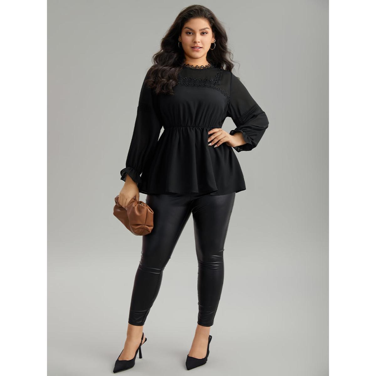 Plus Size Black Plain Ruffles Elastic Waist Lace Patchwork Blouse Women Office Long Sleeve Stand-up collar Work Blouses BloomChic 14-16/1X Product Image