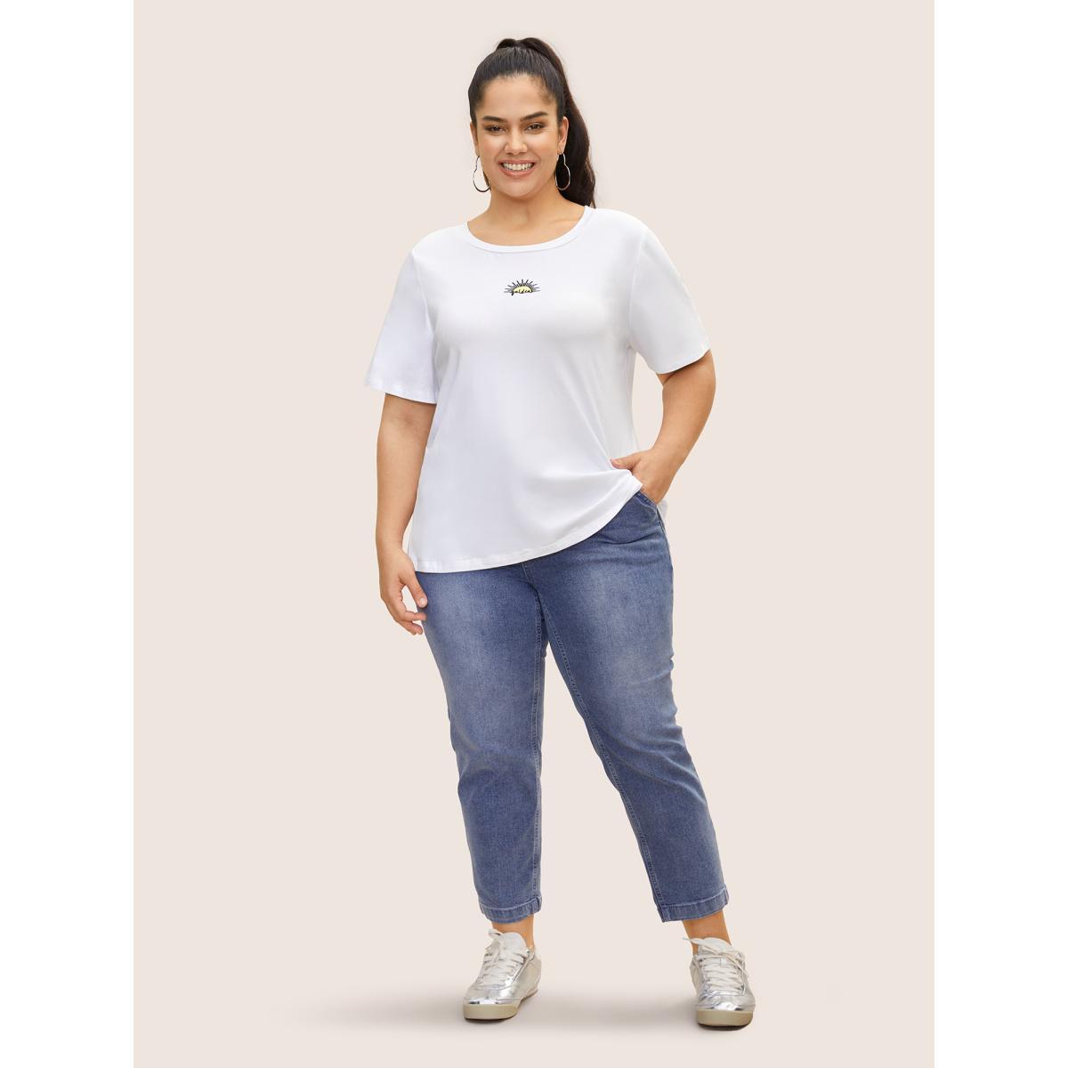 Plus Size Cotton Sun Embroidered Round Neck T-shirt Originalwhite Women Casual Contrast Art&design Round Neck Everyday T-shirts BloomChic 26/4X Product Image