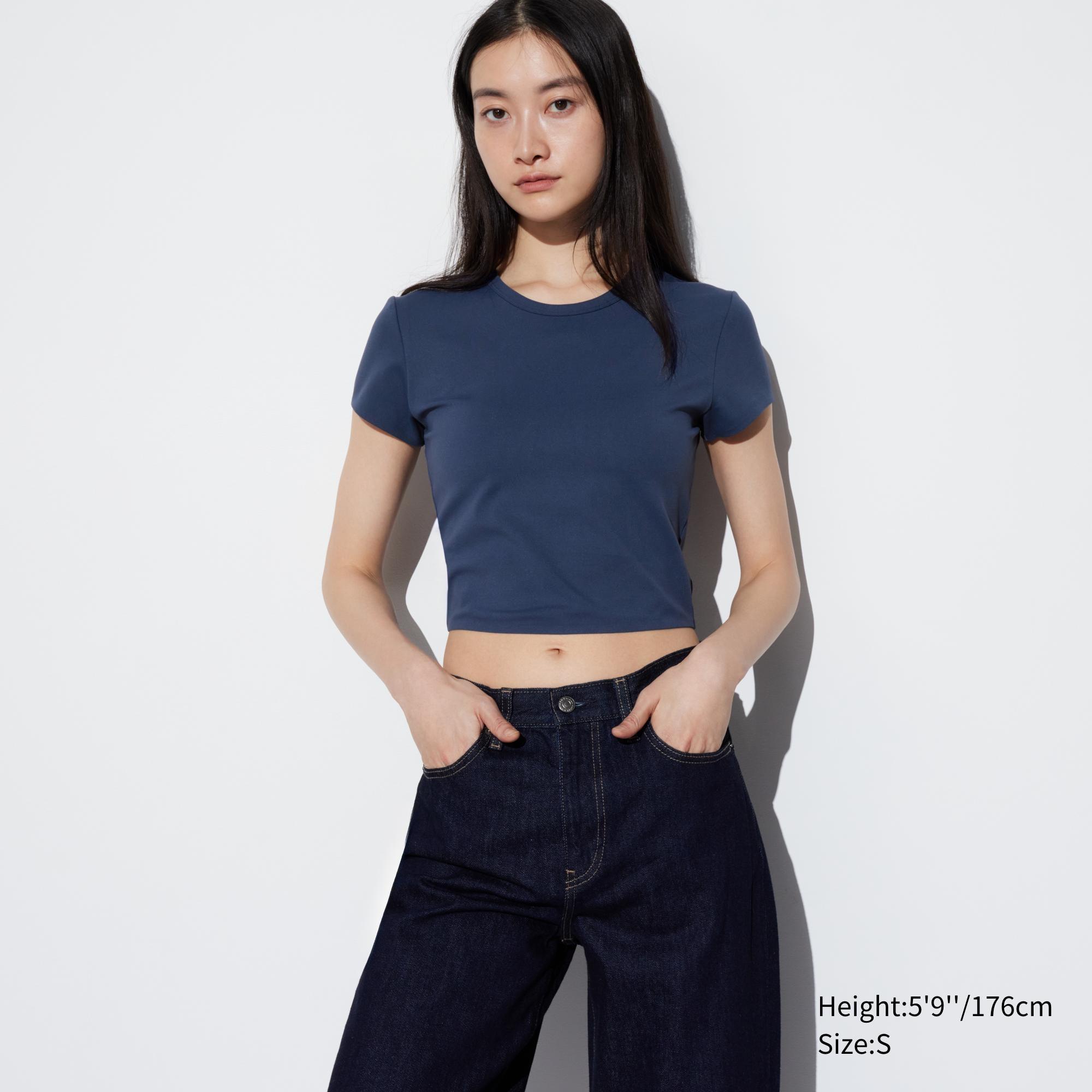 Womens Ultra Stretch Airism Cropped T-Shirt Navy Small UNIQLO US Product Image