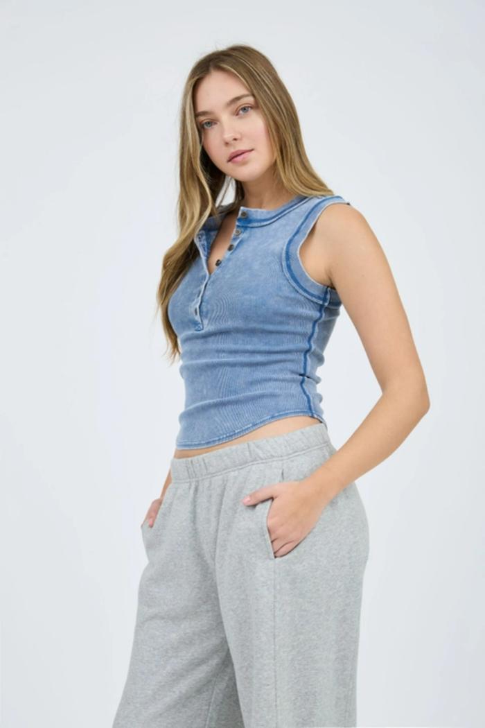 Washed Sleeveless Henley Knit Tank Top Product Image