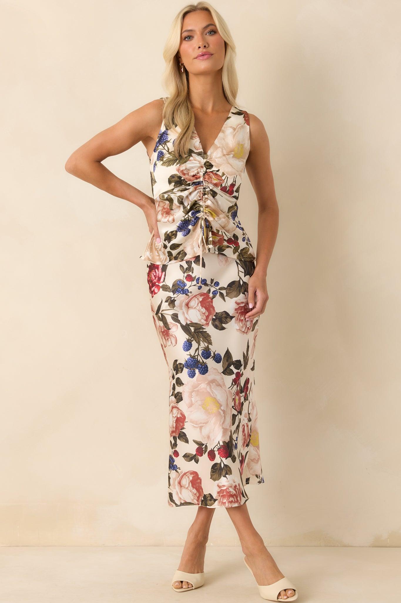 Something Extra Ivory Floral Multi Print Satin Cinched Top Product Image