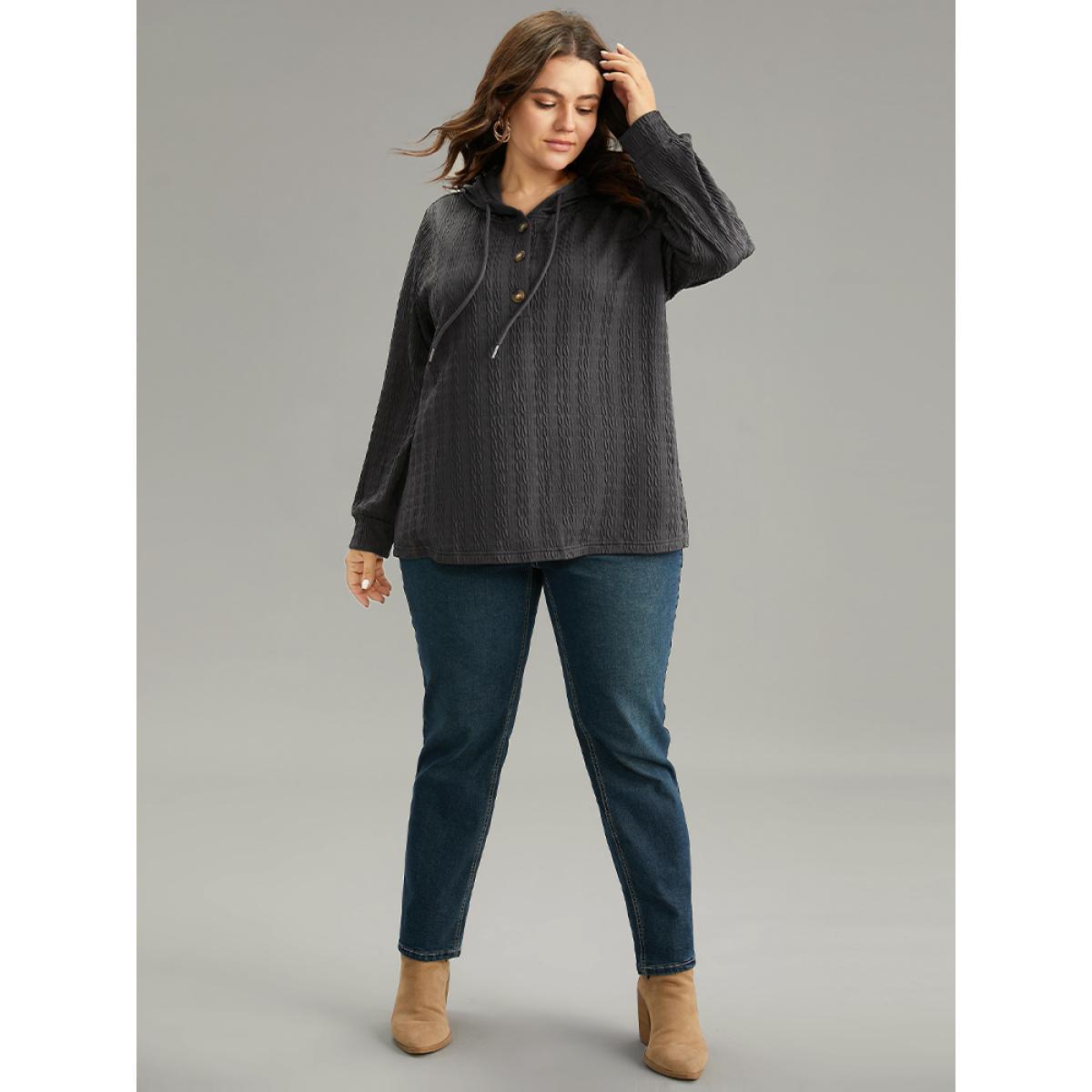 Plus Size Plain Texture Hooded Jacquard Sweatshirt Women Gray Casual Texture Hooded Dailywear Sweatshirts BloomChic 30/6X Product Image