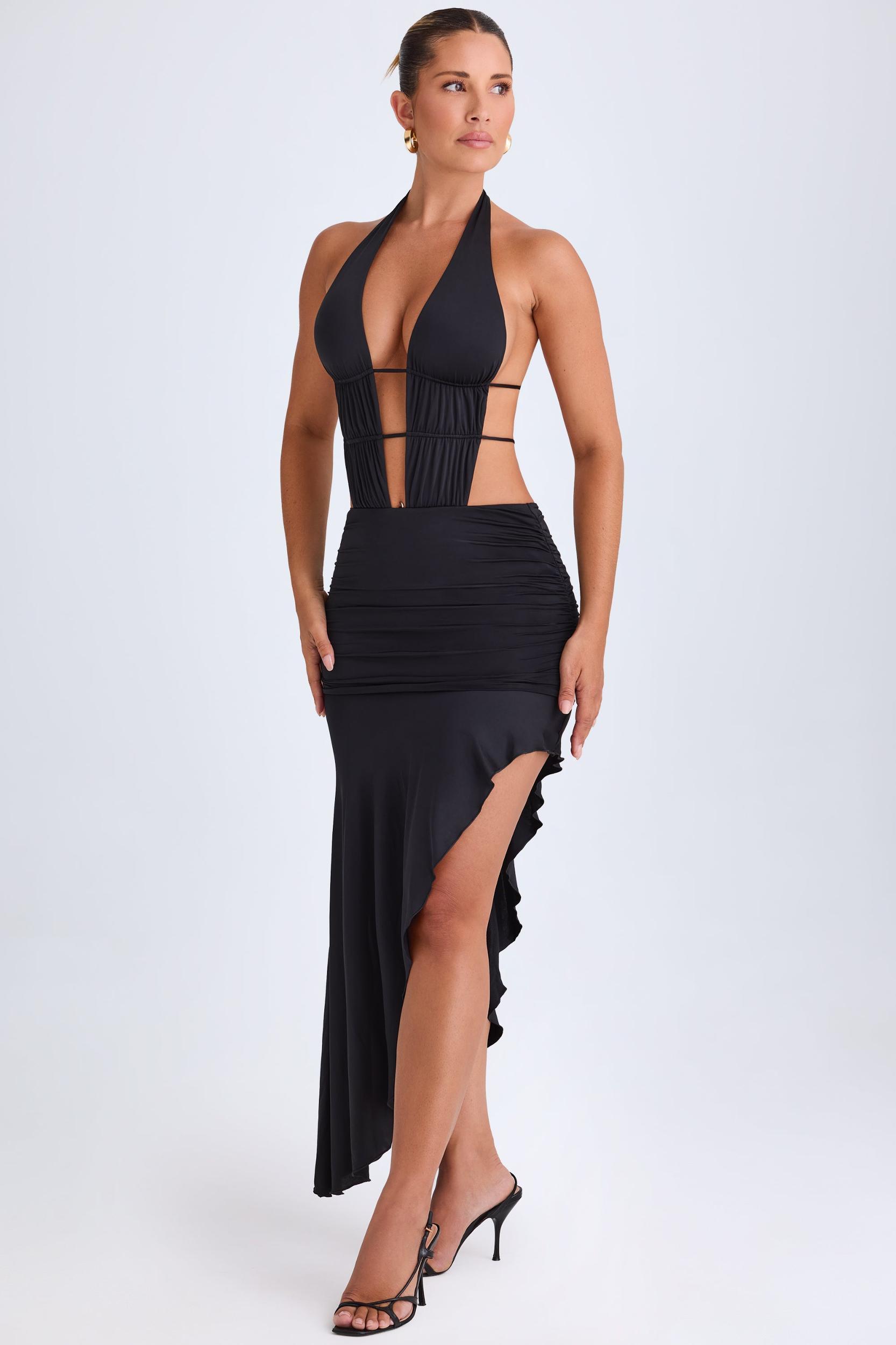Asymmetric Cut-Out Halterneck Midaxi Dress in Black Product Image