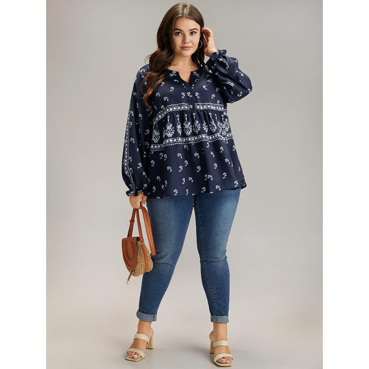 Plus Size Indigo Bandana Print Flutter Trim Blouse Women Resort Long Sleeve V-neck Vacation Blouses BloomChic 10/M Product Image