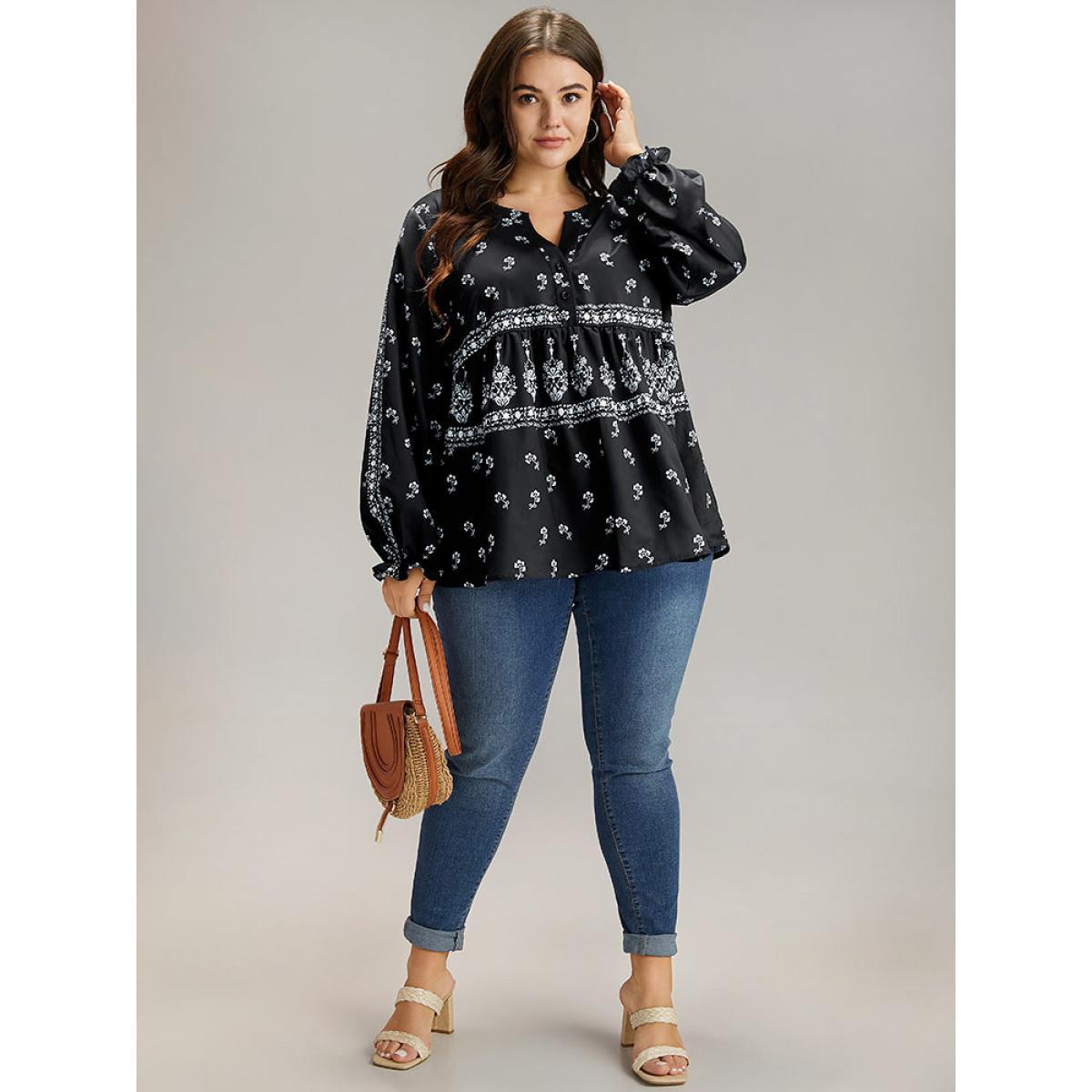 Plus Size Black Bandana Print Flutter Trim Blouse Women Resort Long Sleeve V-neck Vacation Blouses BloomChic 10/M Product Image