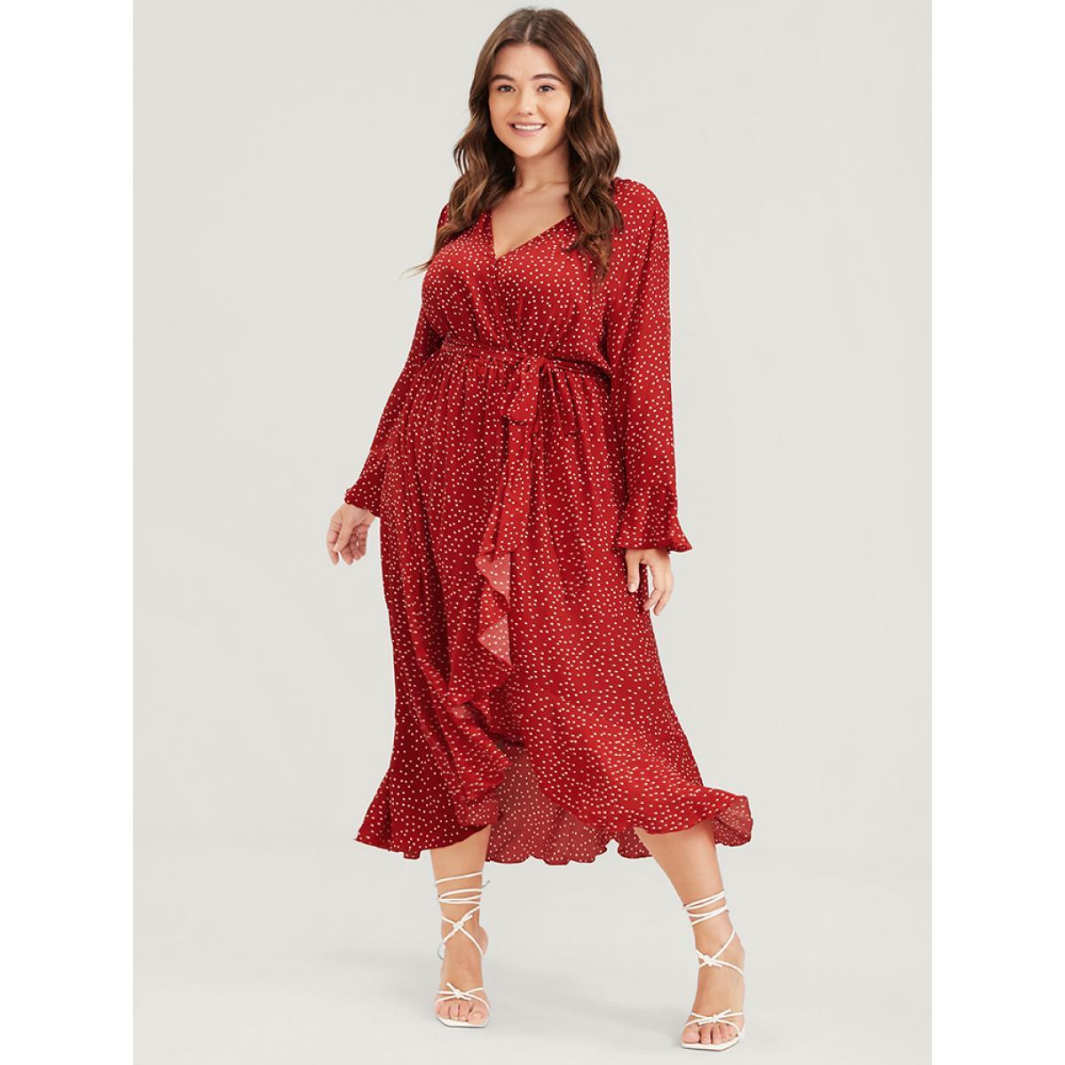 Plus Size Polka Dot Split Wrap Asymmetrical Hem Ruffles Belted Dress Raspberry Women Elegant Belted V-neck Long Sleeve Curvy Long Dress BloomChic 12/L Product Image