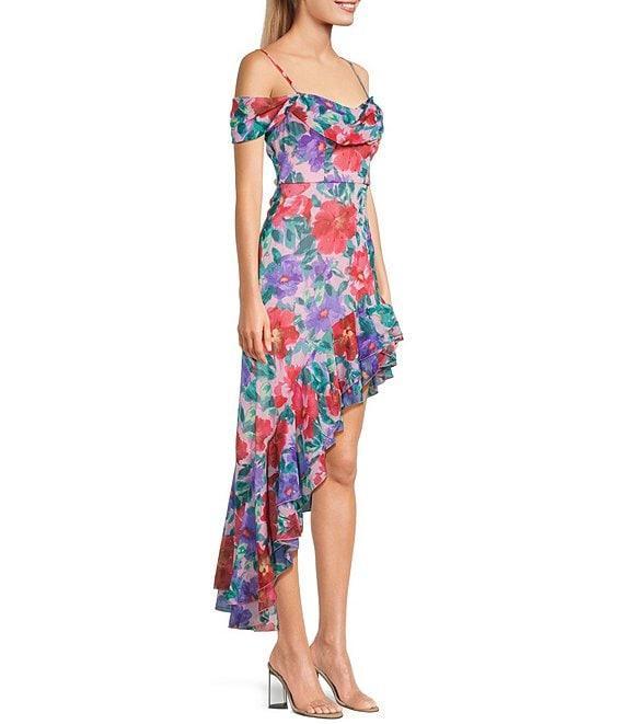 City Vibe Floral Print Drape Off The Shoulder Neck Ruffled Asymmetrical Hem Midi Dress Product Image