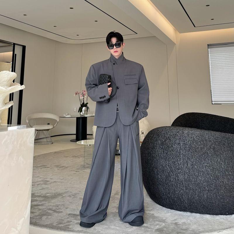 Set: Lapel Collared Plain Button Blazer + Mid Rise Plain Wide Leg Dress Pants Product Image