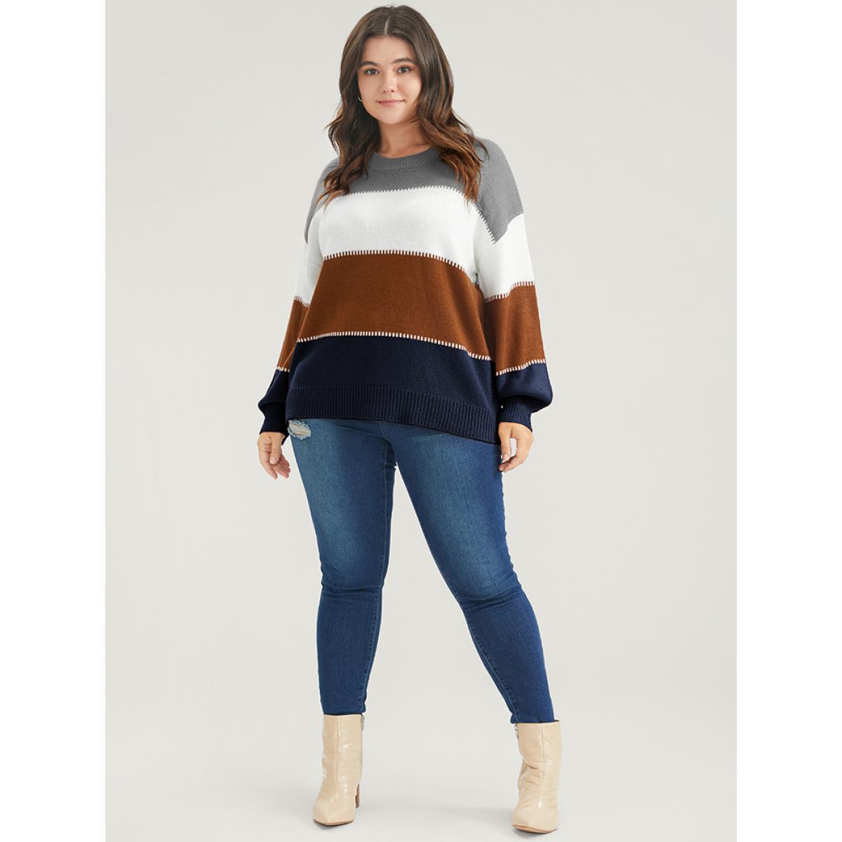 Plus Size Colorblock Contrast Pointelle Knit Round Neck Knit Top DarkBlue Women Casual Long Sleeve Round Neck Dailywear Pullovers BloomChic 28/5X Product Image