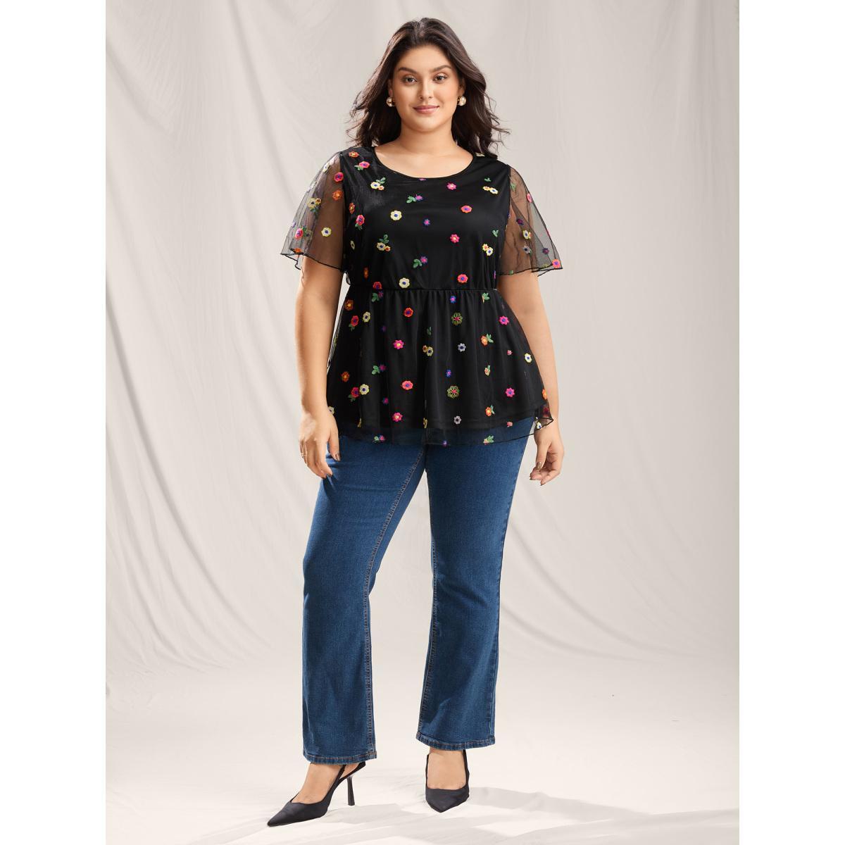 Plus Size Black Floral Mesh Embroidery Babydoll Blouse Women Short sleeve Round Neck Everyday-Elegant Blouses BloomChic 12/L Product Image