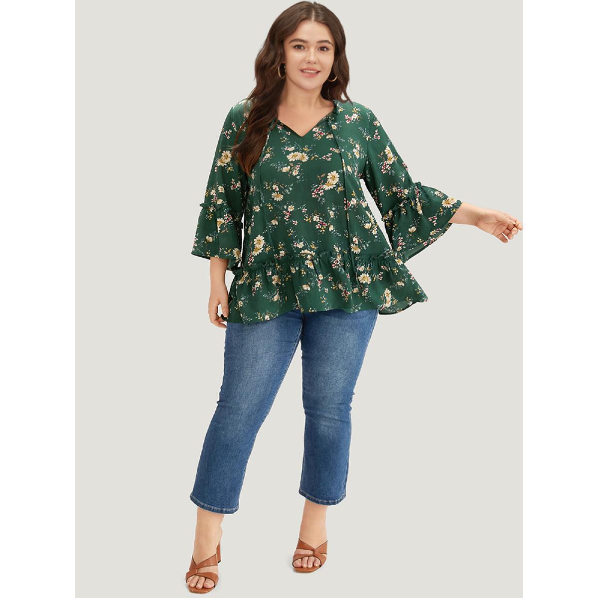 Plus Size DarkGreen Floral Print Knot Neck Ruffle Trim Blouse Women Elegant Elbow-length sleeve Tie Neck Dailywear Blouses BloomChic 14-16/1X Product Image