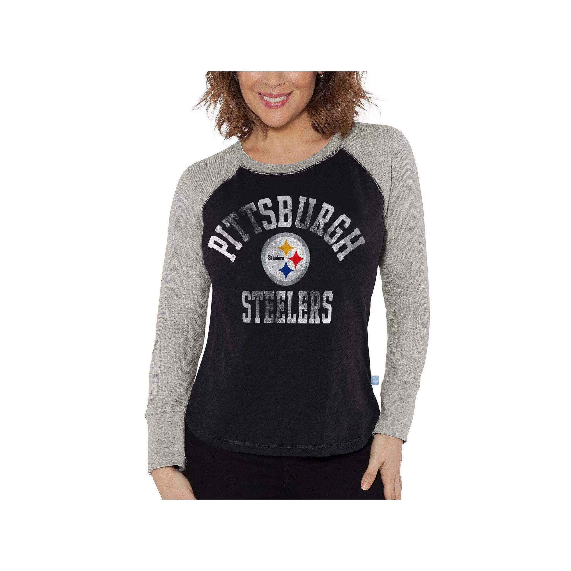 Women's G-III 4Her by Carl Banks Black/Heather Gray Pittsburgh Steelers Waffle Knit Raglan Long Sleeve T-Shirt, Size: Large Product Image