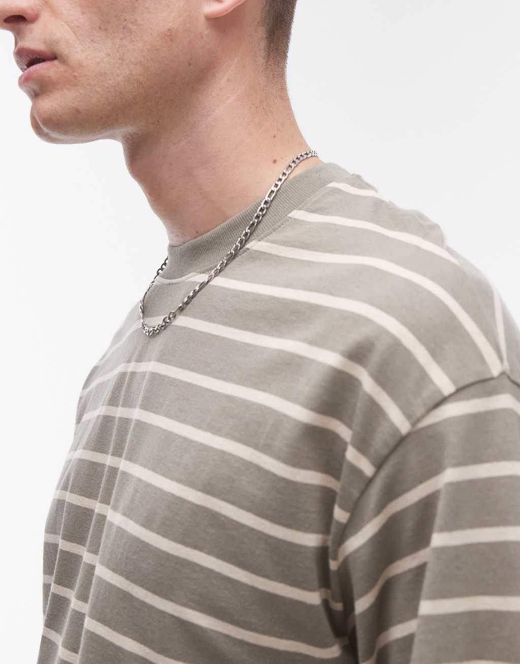 Selected Homme oversized T-shirt in tan stripe Product Image