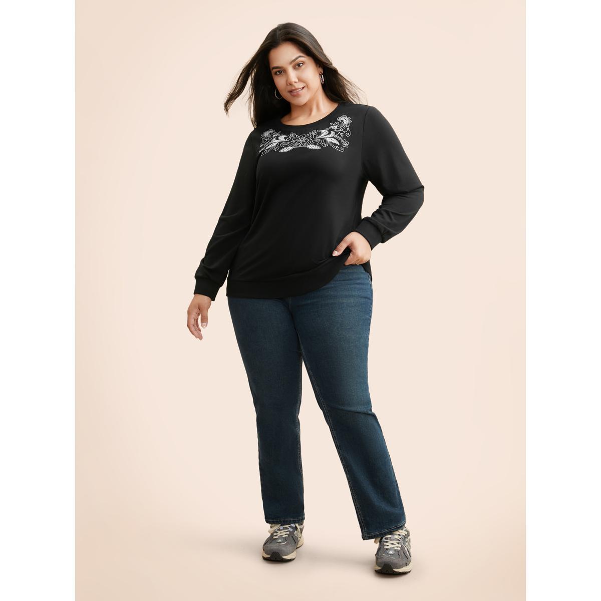 Plus Size Broderie Anglaise Round Neck Sweatshirt Women Black Elegant Broderie anglaise Round Neck Everyday Sweatshirts BloomChic 28/5X Product Image