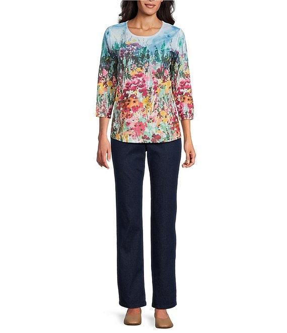 Allison Daley Petite Size Rhubarb Floral Vale Print Embellished 3/4 Sleeve Crew Neck Knit Top Product Image