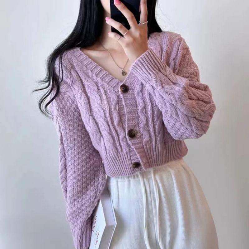 V-Neck Plain Cable Knit Cropped Cardigan Product Image