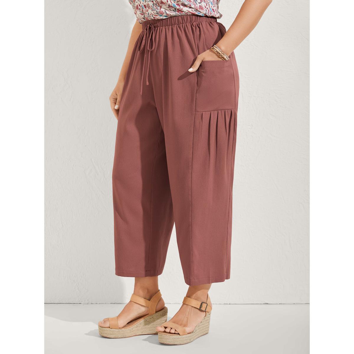 Plus Size Stretchy Pockets Waist-Tie Straight Pants Women Rust Resort Bodycon Mid Rise Vacation Pants BloomChic 10/M Product Image