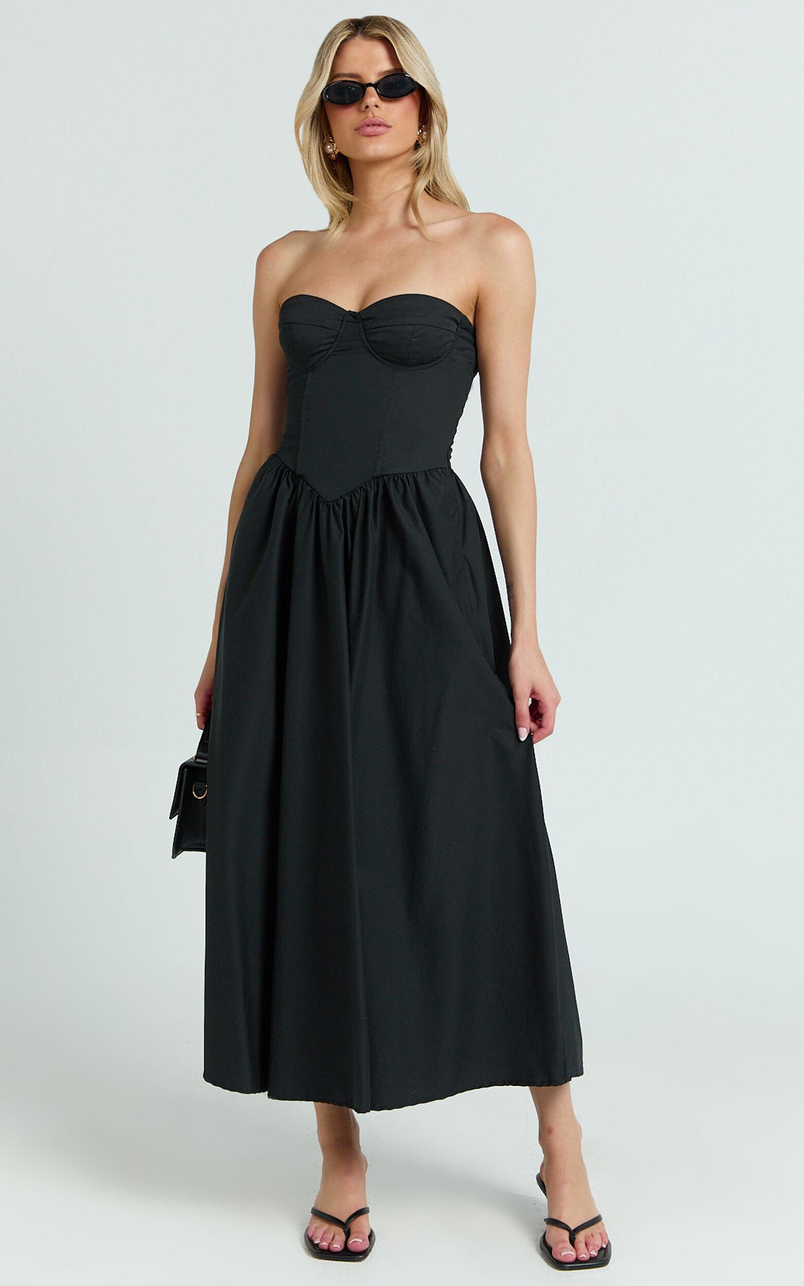 Daria Midi Dress - Strapless Corset Gathered Dress in Black Product Image