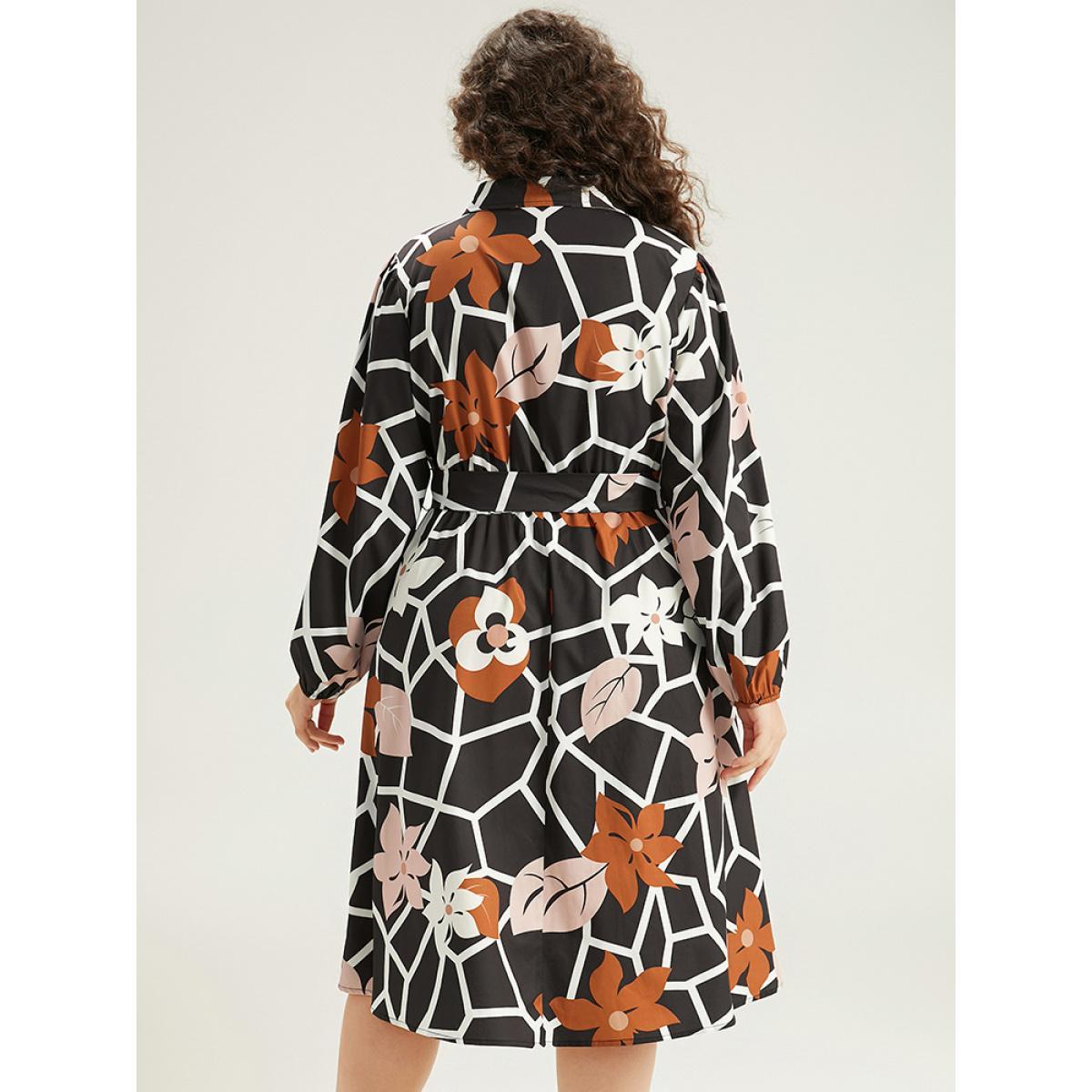 Plus Size Geometric & Plants Button Through Pocket Dress Multicolor Women Office Elastic cuffs Shirt collar Long Sleeve Curvy Midi Dress BloomChic 26/4X Product Image