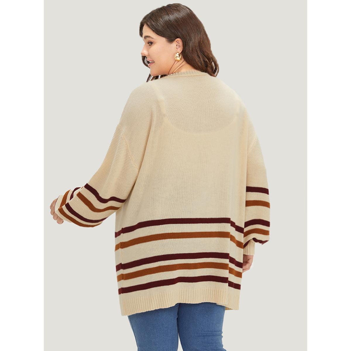 Plus Size Striped Contrast Open Front Cardigan Apricot Women Casual Loose Long Sleeve Dailywear Cardigans BloomChic 30/6X Product Image