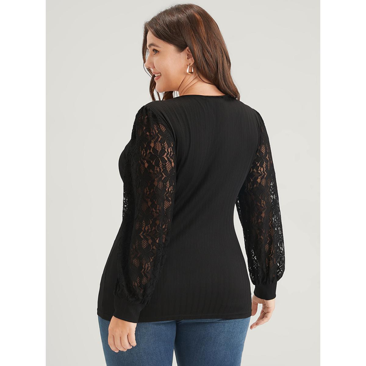 Plus Size Solid Rib Knit Contrast Lace Lantern Sleeve Long Tee Black Women Elegant Plain Plain V-neck Dailywear T-shirts BloomChic 18-20/2X Product Image