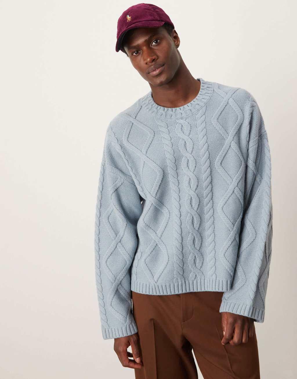 ASOS DESIGN oversized heavyweight wool mix cable sweater with crew neck in light blue Product Image