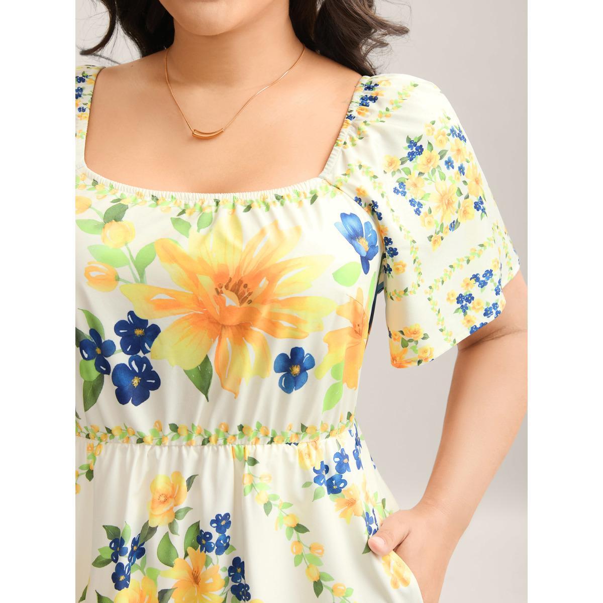 Plus Size Floral Fun Print Stretchy Waist Midi Dress Ivory Women Square Neck Short sleeve Curvy BloomChic 12/L Product Image