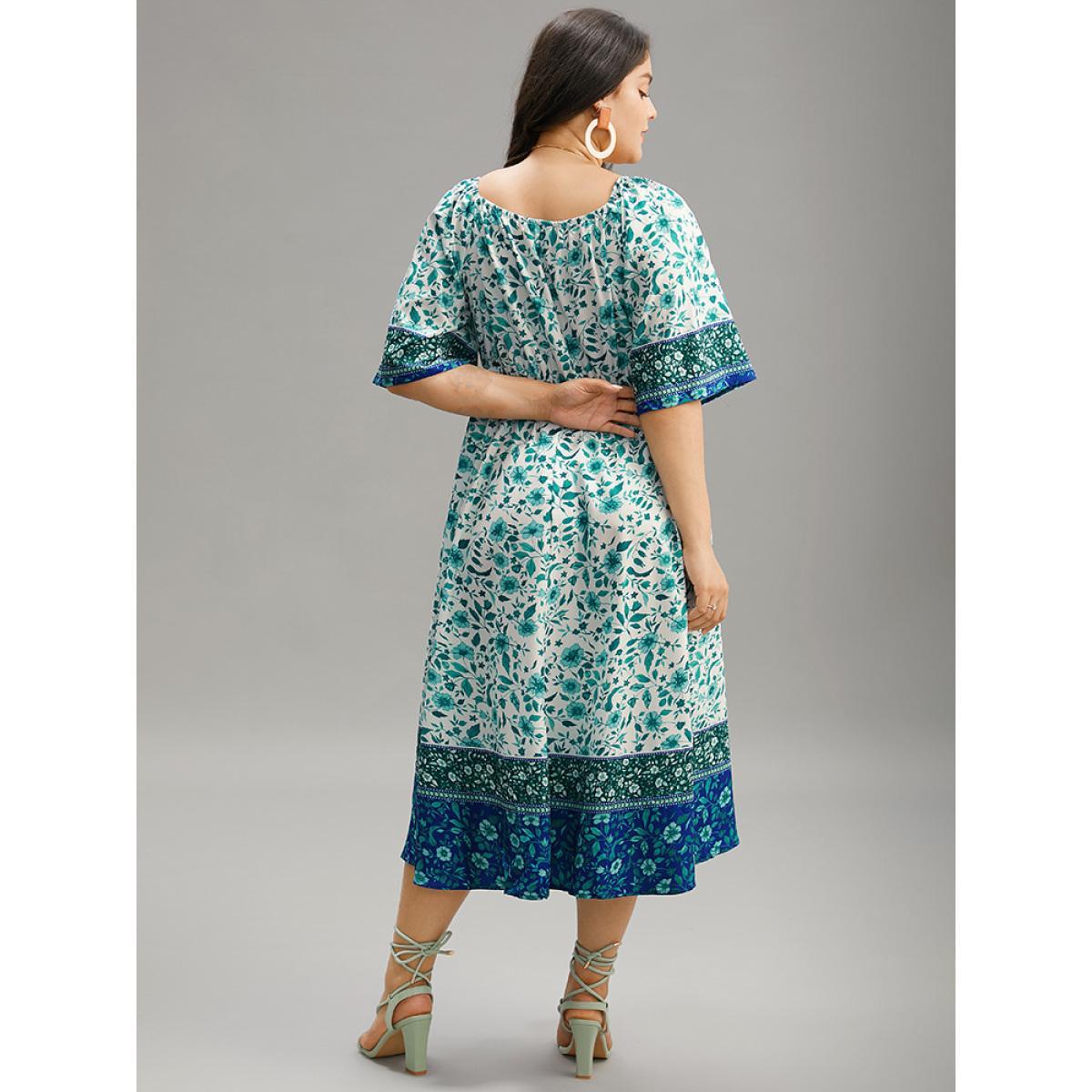 Plus Size Floral Print Patchwork Square Neck Raglan Sleeve Dress Emerald Women Vacation Gathered Square Neck Half Sleeve Curvy Midi Dress BloomChic 10/M Product Image
