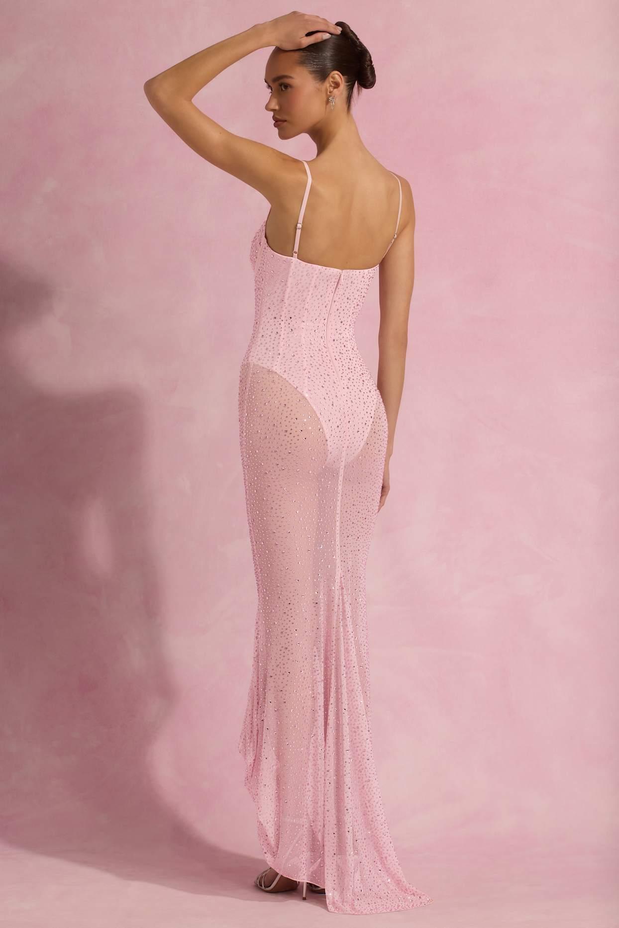 Semi-Sheer Embellished Corset Gown in Pink Product Image