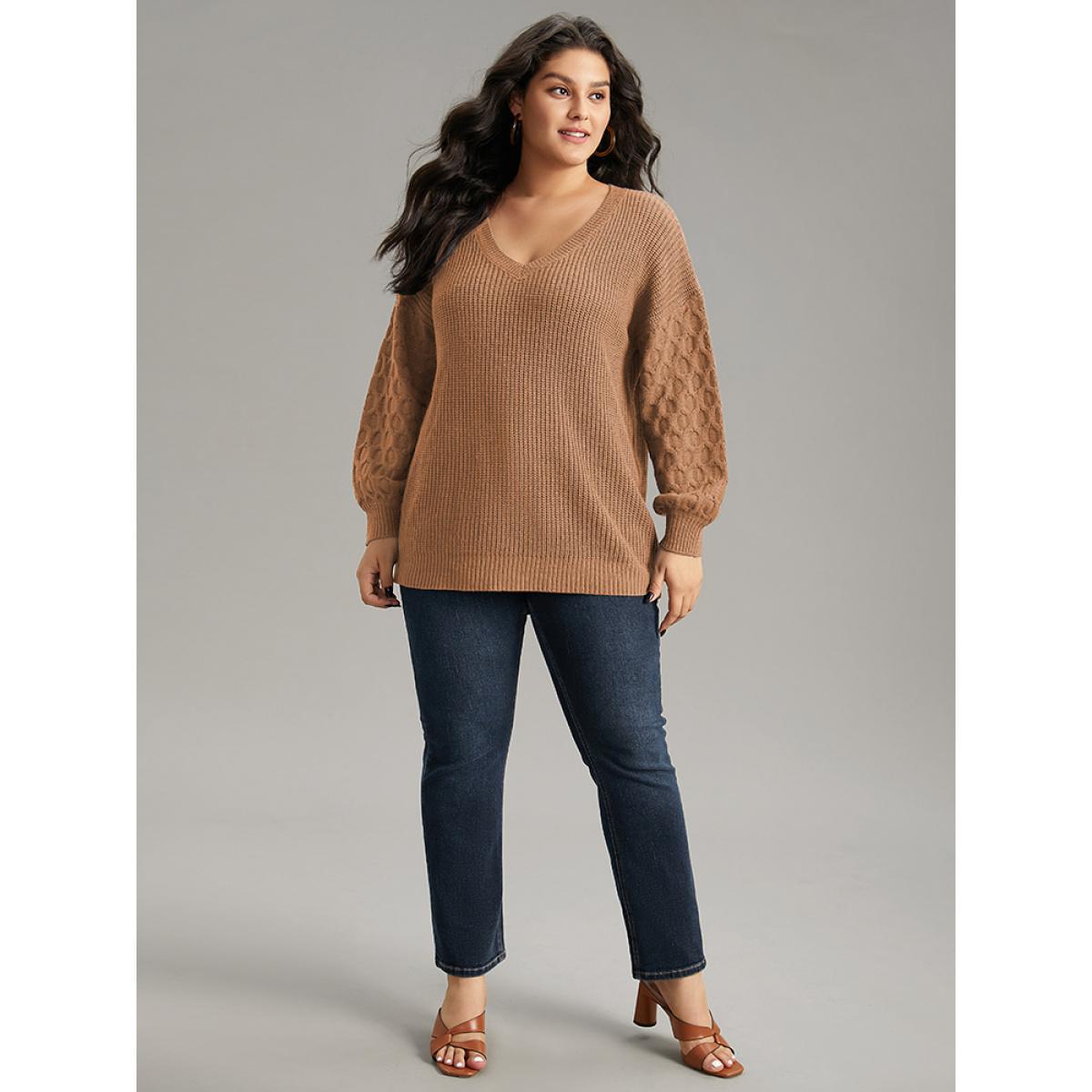 Plus Size Solid Cable Knit V Neck Drop Shoulder Pullover Chocolate Women Casual Long Sleeve V-neck Everyday Pullovers BloomChic 14-16/1X Product Image