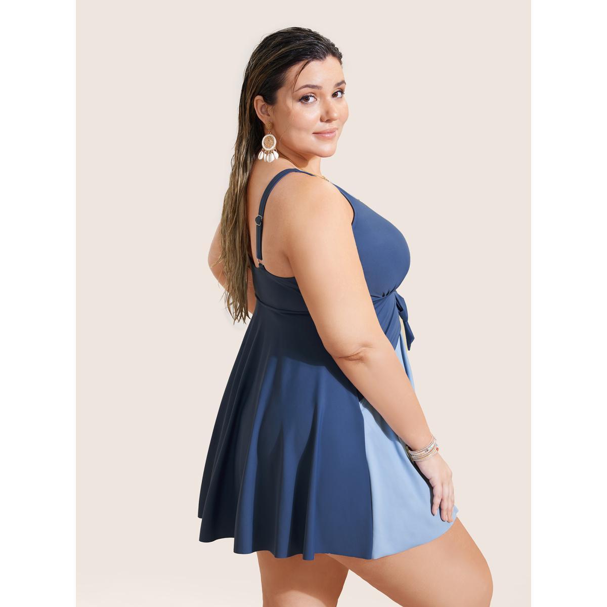 Plus Size Contrast V Neck Tie Knot Swim Dress Women's Swimwear Indigo Beach Bodycon V-neck High stretch Curve Swim Dresses BloomChic 10/M Product Image
