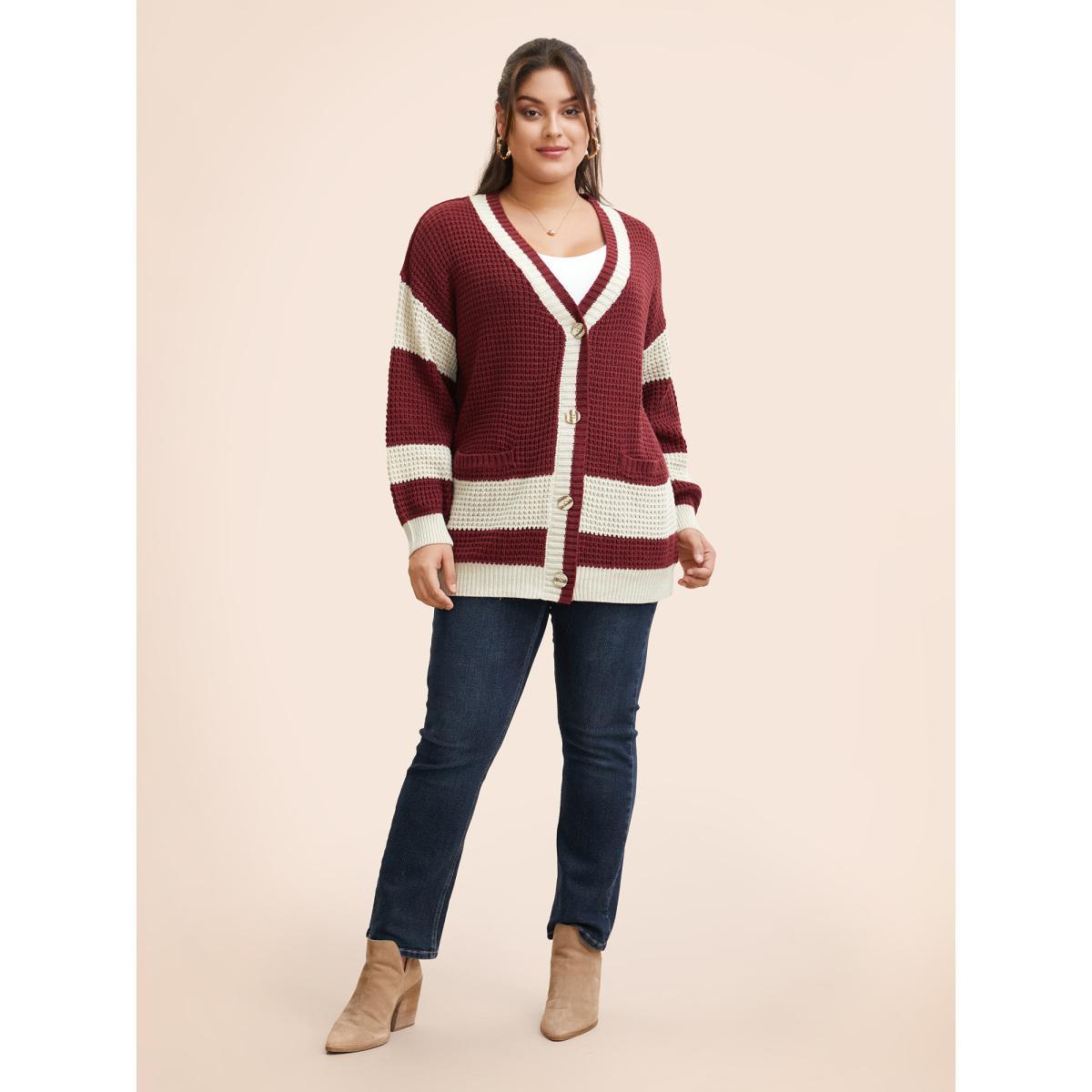 Plus Size Colorblock Contrast Textured Patched Pocket Cardigan Scarlet Women Casual Loose Long Sleeve Everyday Cardigans BloomChic 26/4X Product Image
