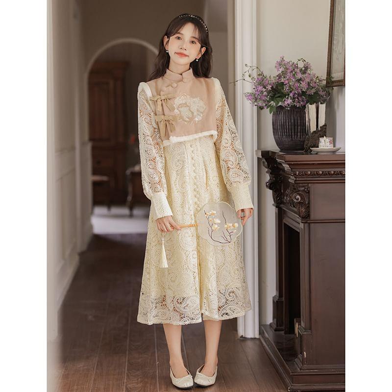 Flower Embroidered Fluffy Trim Bow Crop Vest / Puff-Sleeve Paisley Embroidered Lace Midi A-Line Dress Product Image
