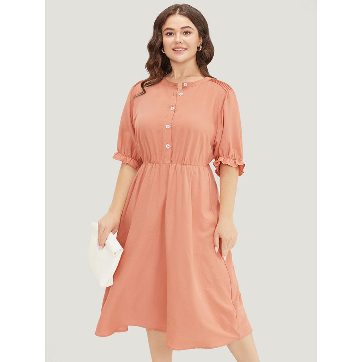 Plus Size Plain Ruffles Pocket Button Up Puff Sleeve Pleated Dress Salmon Women Office Pleated Round Neck Short sleeve Curvy Midi Dress BloomChic 26/4X Product Image