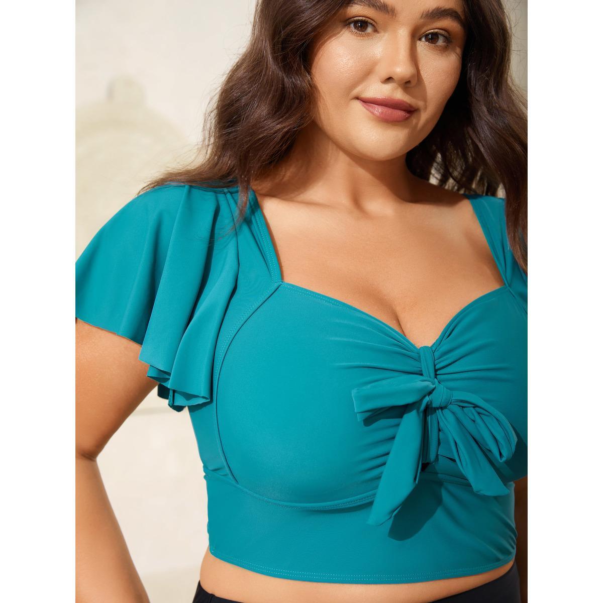 Plus Size Knotted Bodice Flared Sleeve Swim Top Women's Swimwear Teal Beach Tie knot High stretch Skinny Heart neckline Curve Swim Tops BloomChic 10/M Product Image