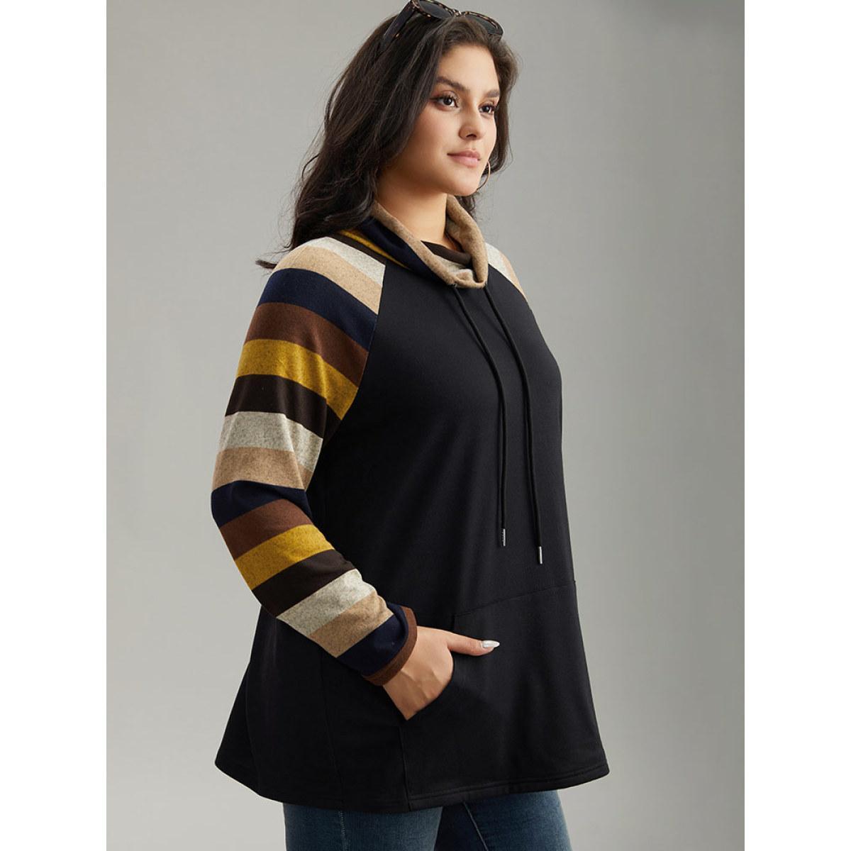 Plus Size Mock Neck Colour Striped Drawstring Sweatshirt Women Black Casual Patchwork Mock Neck Dailywear Sweatshirts BloomChic 28/5X Product Image