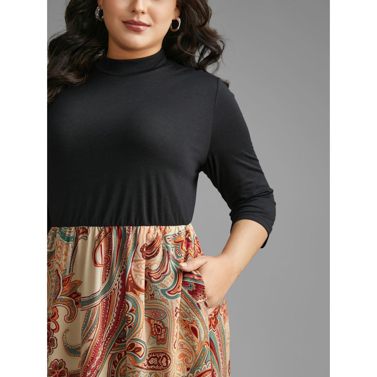 Plus Size Bandana Print Patchwork Elastic Waist Dress Black Women Resort Patchwork Mock Neck Elbow-length sleeve Curvy BloomChic 14-16/1X Product Image