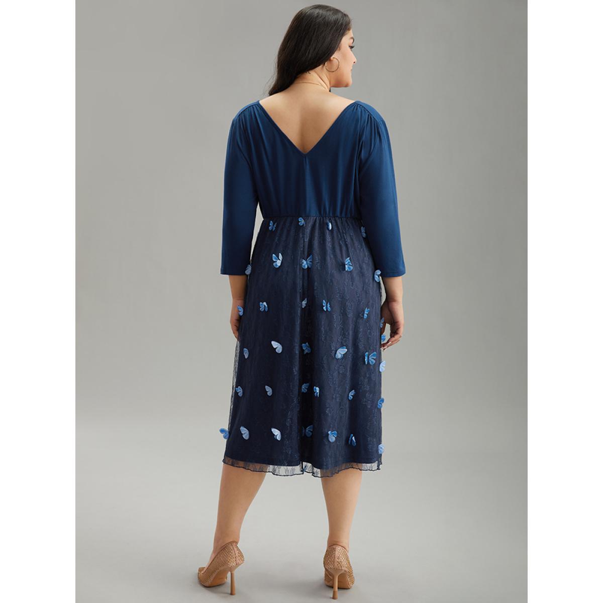 Plus Size Butterfly Patchwork Overlap Collar Mesh Dress DarkBlue Women Elegant Lined Overlap Collar Elbow-length sleeve Curvy Midi Dress BloomChic 26/4X Product Image