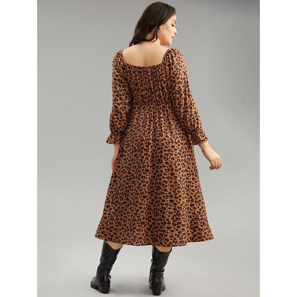 Plus Size Leopard Print Shirred Square Neck Pocket Dress Rust Women Casual Printed Square Neck Long Sleeve Curvy Midi Dress BloomChic 26/4X Product Image
