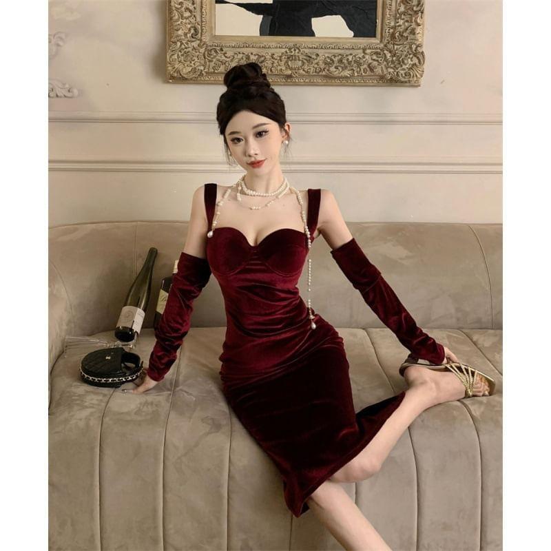 Wide Strap Velvet Midi Bodycon Dress Product Image